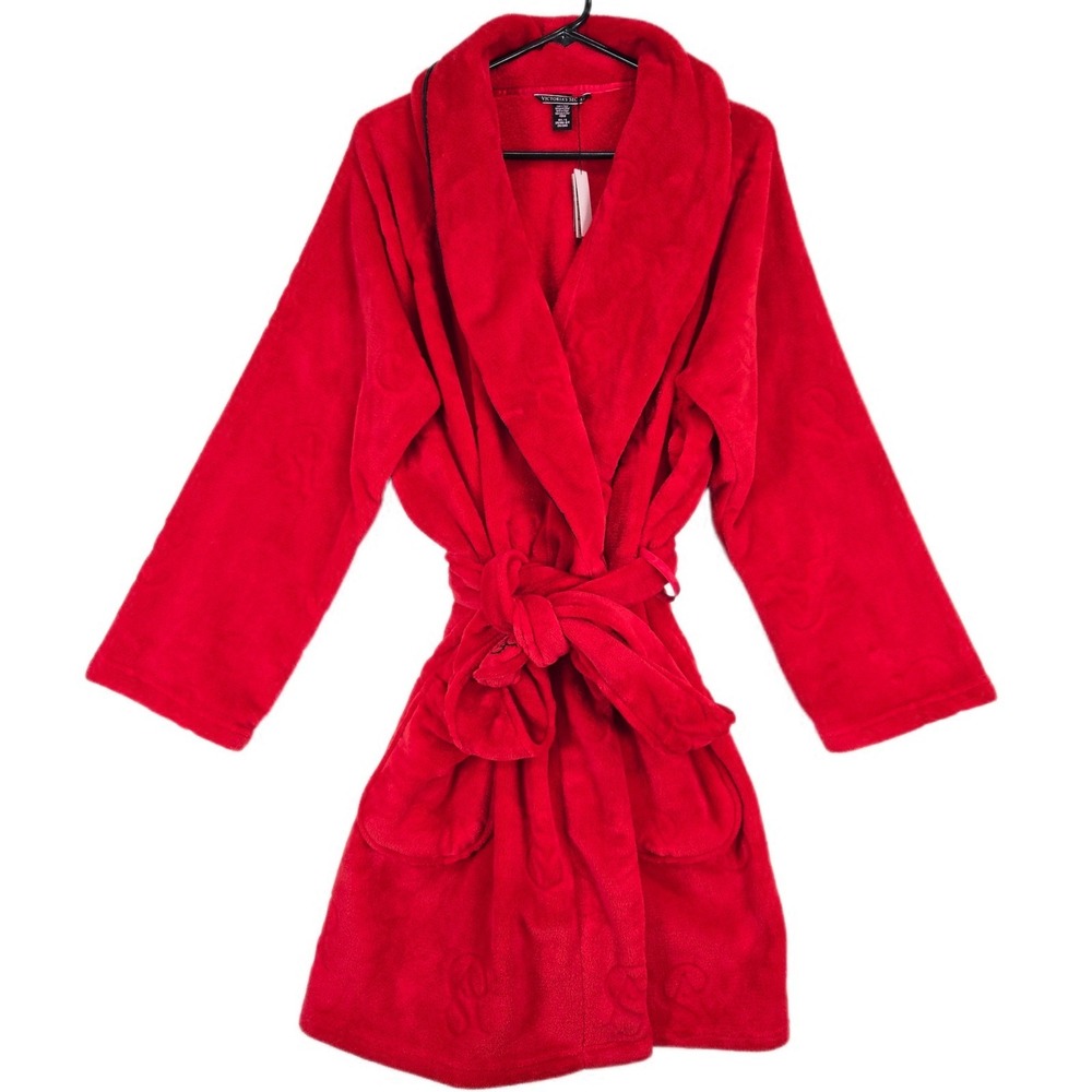 Victoria's Secret Womens Robe M/L Red Monogram Plush Fleece Cozy Loungewear NWT